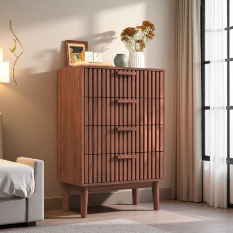 Commode Chambre 4 Tiroirs Meuble Rangement Chambre Salon Porche Poignée Intégrée Dispositif anti-trébuchement Dimensions 34P x 60L x 91H cm Marron