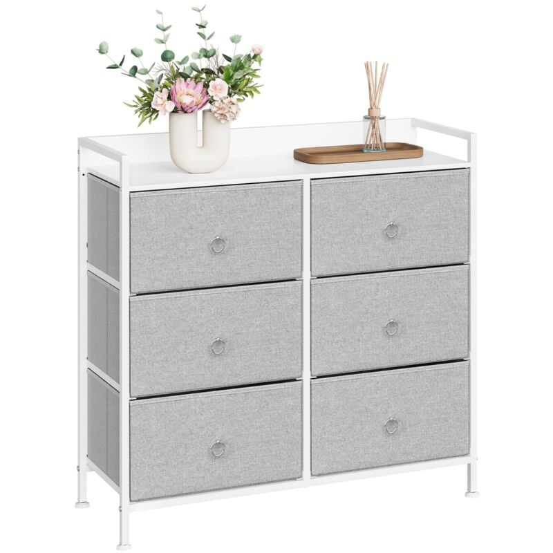 Commode Chambre Adulte 6 tiroirs Woltu Armoire avec Tiroirs en Tissu, Meuble de Rangement Cadre en Acier, Gris Tourterelle + Blanc Nuage