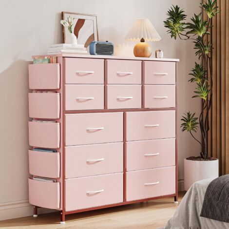 Commode Chambre avec 12 Tiroirs en Tissu, Meuble de Rangement,Cadre en Métal, 99x30x110cm, Style Moderne, rose