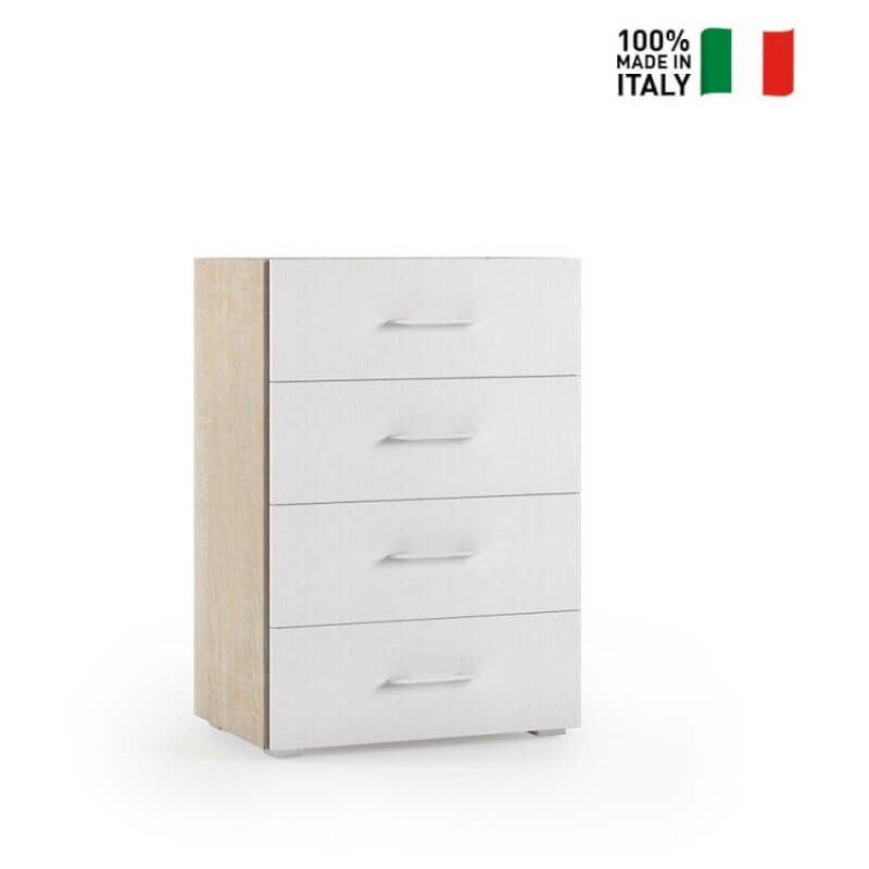 Meuble avec 4 tiroirs, guides en métal et plateau avec plateau en chêne avec façades blanches