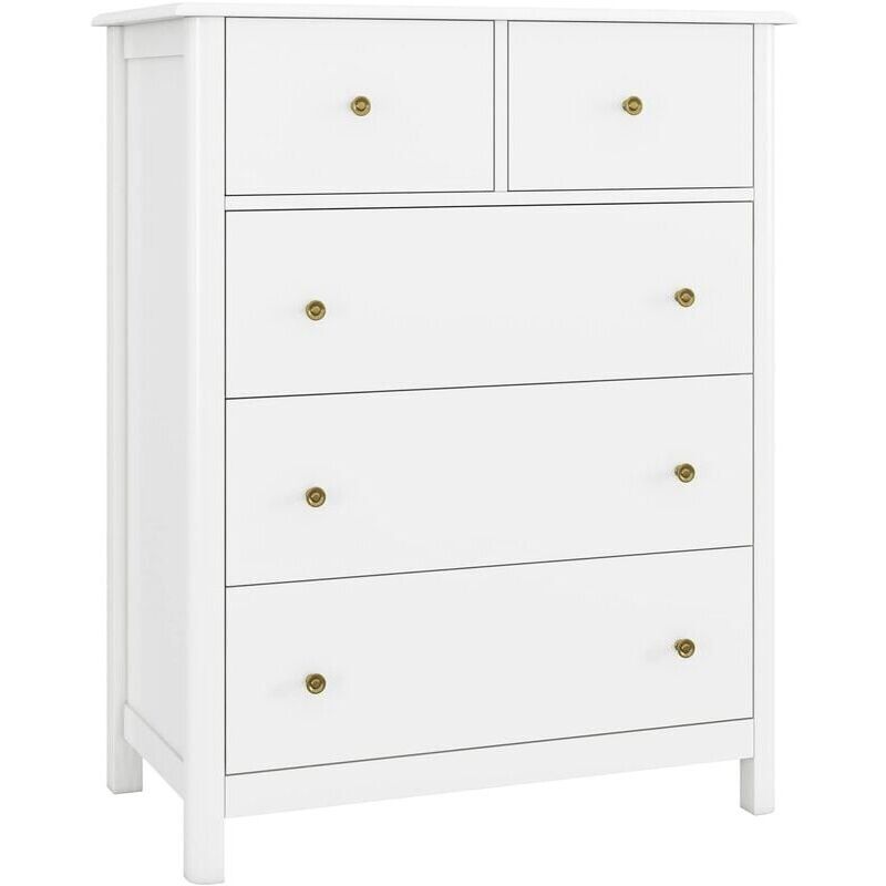 Commode Chambre, Commode 5 tiroirs, Meuble de Rangement Blanche en Bois pour Bureau, Salon ou Chambre à Coucher, 74 x 40 x 94 cm, Couleur Crème