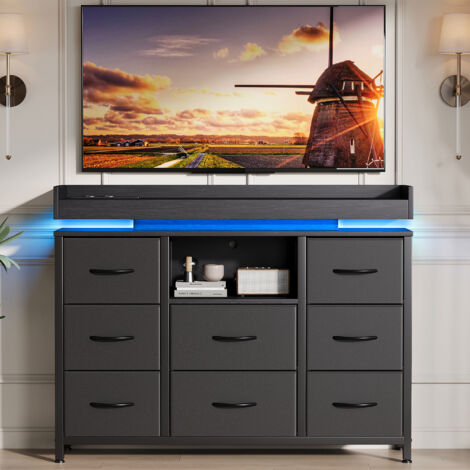 Commode Chambre,Éclairage LED et Multifonctionnelle Prise, Armoire à 8 tiroirs pour Chambre et Salon,Meuble de Rangement en Tissu,Cadre en Mmétal,Plateau MDF,Noir