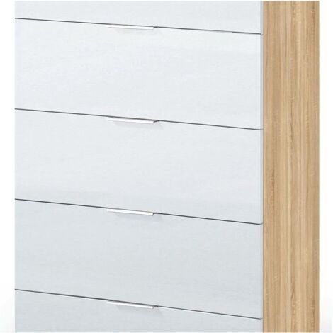 Commode chêne canadian et blanc 5 tiroirs – Dimensions 110 x 60 x 40 cm – Panneau mélamine haute qualité – Rangement moderne – Fores Habitat S.L.U.