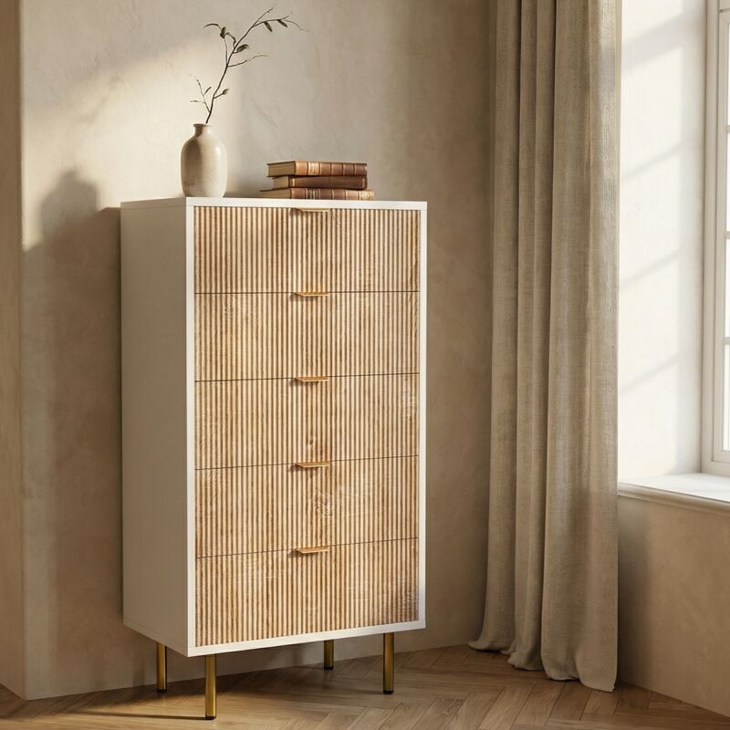 Chiffonnier blanc, chiffonnier 5 tiroirs, chiffonnier 60 cm, commode chambre, design strié bois et blanc, pieds dorést, style moderne, Chêne clair