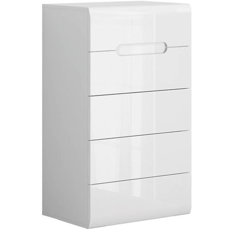 Commode Chiffonnier à 5 tiroirs , coloris Blanc/Blanc haute brillance - Longueur 60 x Profondeur 41 x Hauteur 104 cm