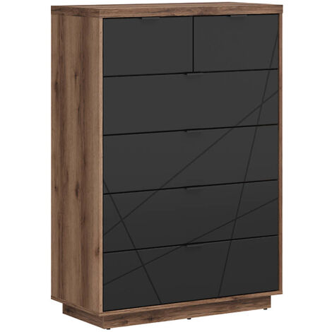 Commode Chiffonnier à 6 tiroirs , coloris Chêne delano / Noir mat - Longueur 90 x Profondeur 42,5 x Hauteur 130,5 cm