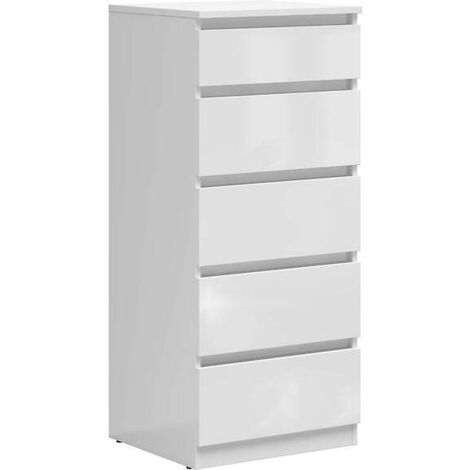 Commode Chiffonnier de rangement à 5 tiroirs coloris Blanc brillant - Longueur 50 x Profondeur 45 x Hauteur 115 cm