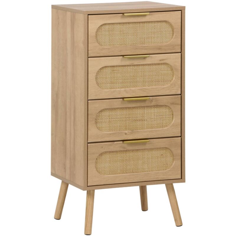 Commode chiffonnier effet bois et cannage 4 tiroirs naturel, poignée en métal doré - l 48 x p 39,5 x h 96 cm - Eva