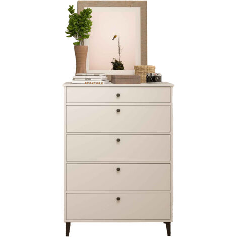 Commode Chiffonnier Meuble de rangement avec 5 tiroirs coloris Blanc - Hauteur 115 x Longueur 82 x profondeur 48 cm