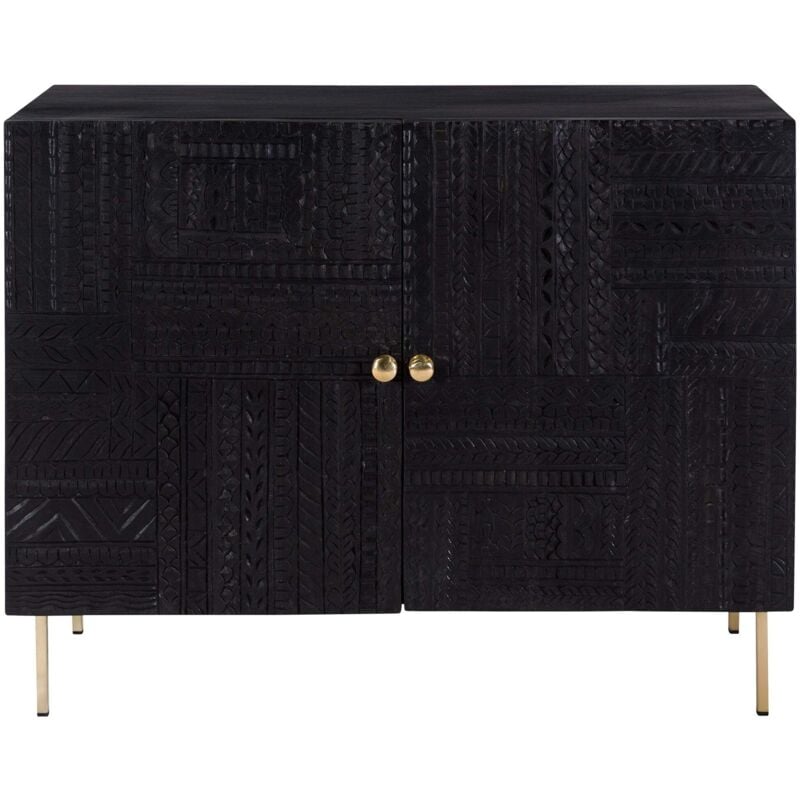 Rendez-vous Déco - Commode 2 portes en bois gravé noir et métal doré - chimane
