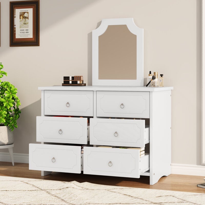 Hauss Sploe - Commode classique, armoire, 6 tiroirs et miroir amovible, pour salon, chambre, blanc