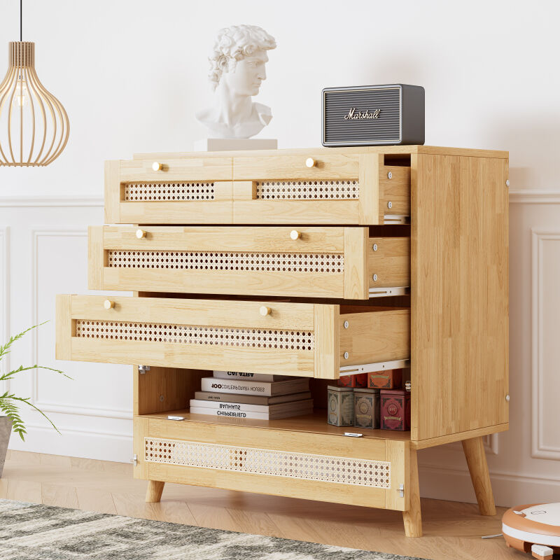 Commode classique, armoire à 3 tiroirs, avec dessus de tiroir en rotin, avec couvercle bas rabattable, avec poignée en métal doré et pieds en bois,