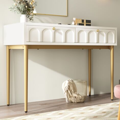 Commode coiffeuse 2 tiroirs blanc crème H76.5 L100 D45 cm pour chambre à coucher rangement fonctionnel et élégant sans éclairage