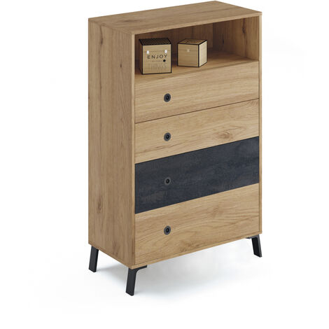 Commode coloris chêne doré / imitation marbre - Hauteur 120 x Longueur 74 x Profondeur 40 cm - PEGANE -