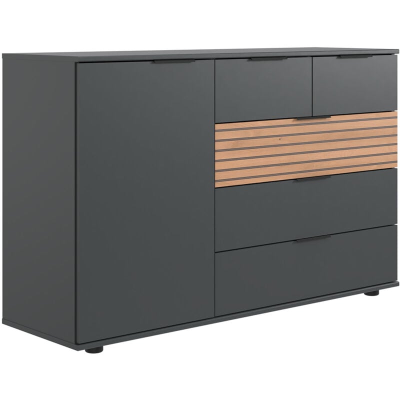 Commode combinée, meuble de rangement coloris graphite, rechampis aspect clayettes imitation chêne Artisan - Longueur 130 x Hauteur 83 x Profondeur