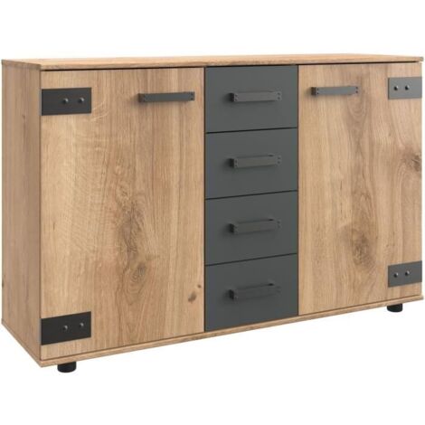Commode combinée - WIMEX - LAMIA - 2 portes - 4 tiroirs - Chene poutre / Graphite - 130 x 83 x 41 cm