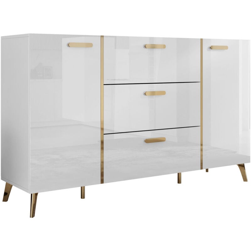 Commode Comfivo Teslomo 109, Blanc + Blanc brillant, Avec tiroirs et portes, Nombre de tiroirs: 0, 92x154x38cm
