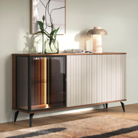 Commode Dawson K154 - Noyer - Cachemire - Vitrée - Éclairage LED - Largeur 154 cm, Hauteur 80 cm, Profondeur 39 cm