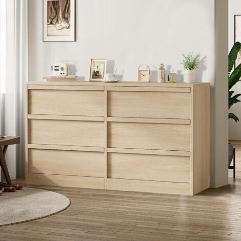 Commode de 6 tiroirs, meuble de rangement pour chambre à coucher, commode en bois pour salon, chambre et couloir, 119 x 40 x 74 cm - chêne