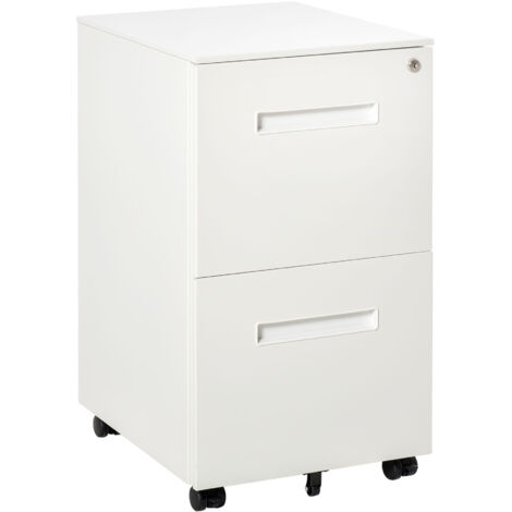 Commode de bureau avec roues, classeur à documents à 2 tiroirs avec serrure et 2 clés en acier, 39x48x67cm, blanc