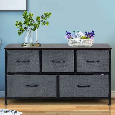 Commode de chambre 5 tiroirs amovibles en tissu table de chevet en métal et bois 100x30x55cm