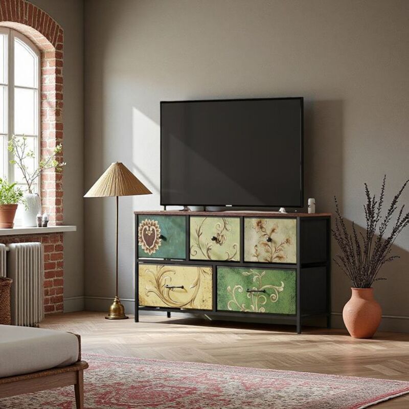 Commode de chambre, 5 tiroirs, Pieds réglables, motif floral, Style artistique rétro, 100 x 30 x 55 cm, Multicolore