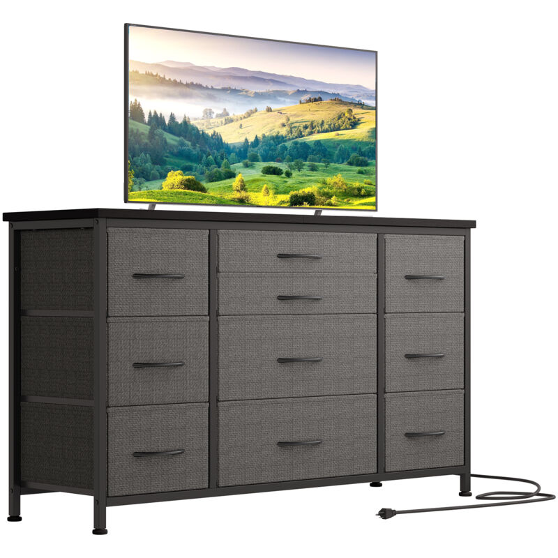 Commode de Chambre à 10 Tiroir en Tissu, Meuble TV Avec Station de Charge pour Salon, Chambre, Couloir, 121x39x70 cm Gris