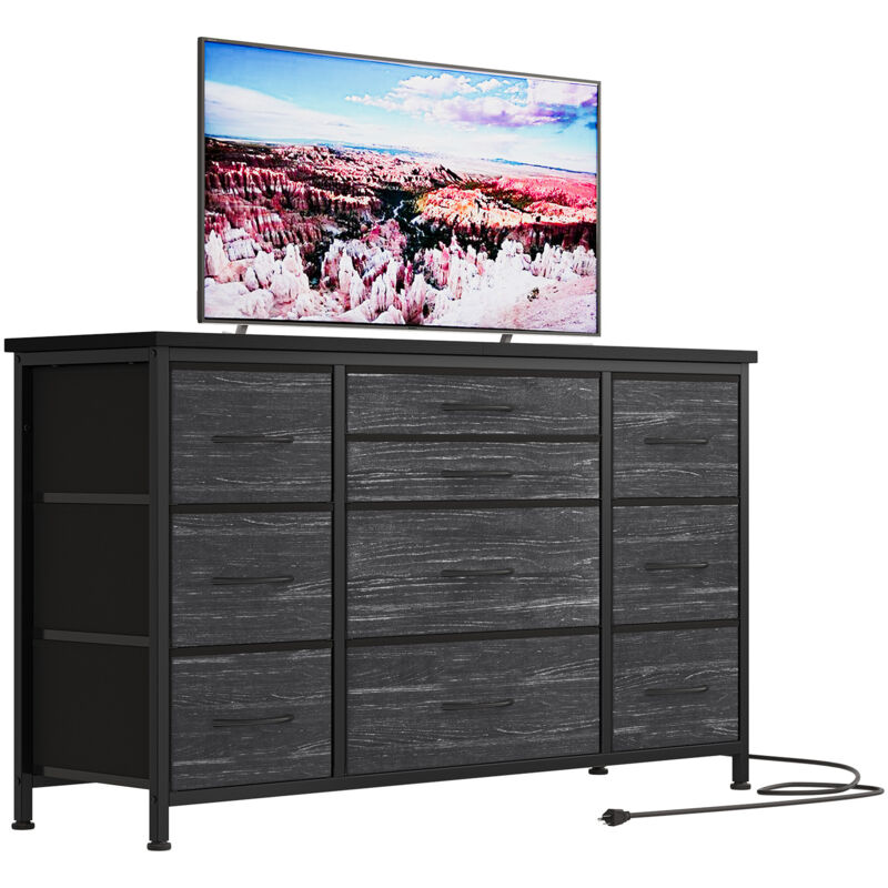 Commode de Chambre à 10 Tiroir en Tissu, Meuble tv Avec Station de Charge pour Salon, Chambre, Couloir, 121x39x70 cm Gris/Noir