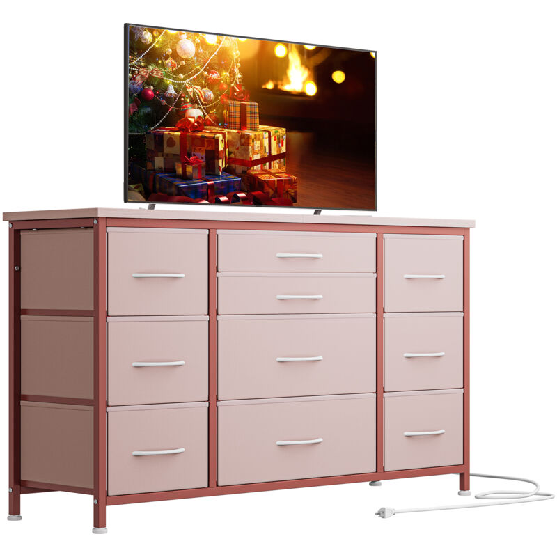 Commode de Chambre à 10 Tiroir en Tissu, Meuble tv Avec Station de Charge pour Salon, Chambre, Couloir, 121x39x70 cm Rose