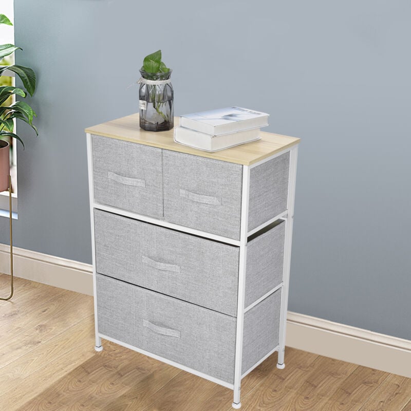 Commode de chambre à coucher, 3 étages et 4 tiroirs en tissu, plateau en bois, grand espace de rangement, adaptée aux chambres, salons et chambres
