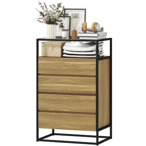 Commode de chambre à coucher à 4 tiroirs, plateau en verre trempé, étagère ouverte, structure en acier, 60 x 40 x 94,5 cm, teck