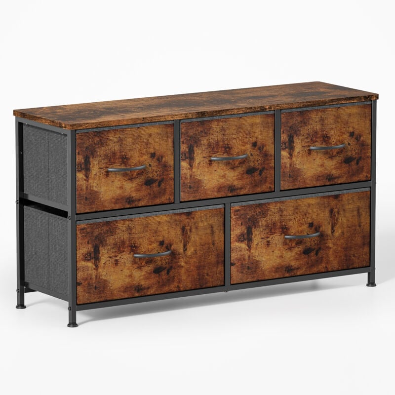 Commode de Chambre Bealife 5 Tiroirs en Tissu Cadre en Acier Pieds en Plastique Réglable Rangement Meuble Marron Vintage