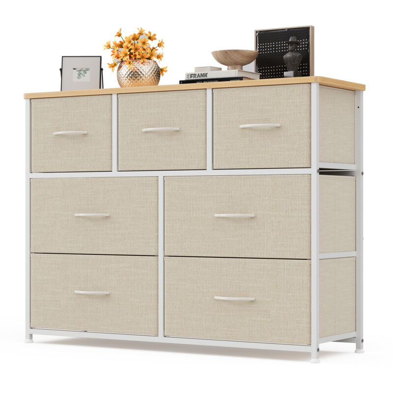 Commode de Chambre Bealife 7 Tiroirs en Tissu Cadre en Acier Pieds en Plastique Réglable Rangement Meuble Beige