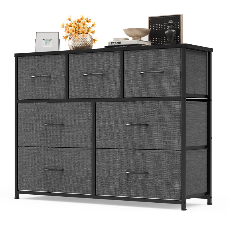 Commode de Chambre Bealife 7 Tiroirs en Tissu Cadre en Acier Pieds en Plastique Réglable Rangement Meuble Gris Foncé