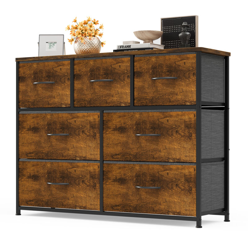 Commode de Chambre Bealife 7 Tiroirs en Tissu Cadre en Acier Pieds en Plastique Réglable Rangement Meuble Marron Vintage