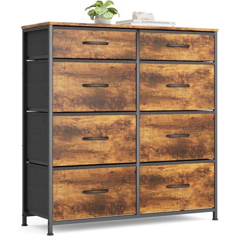 Commode de Chambre Bealife 8 Tiroirs en Tissu Cadre en Acier Pieds en Plastique Réglable Rangement Meuble Marron Vintage