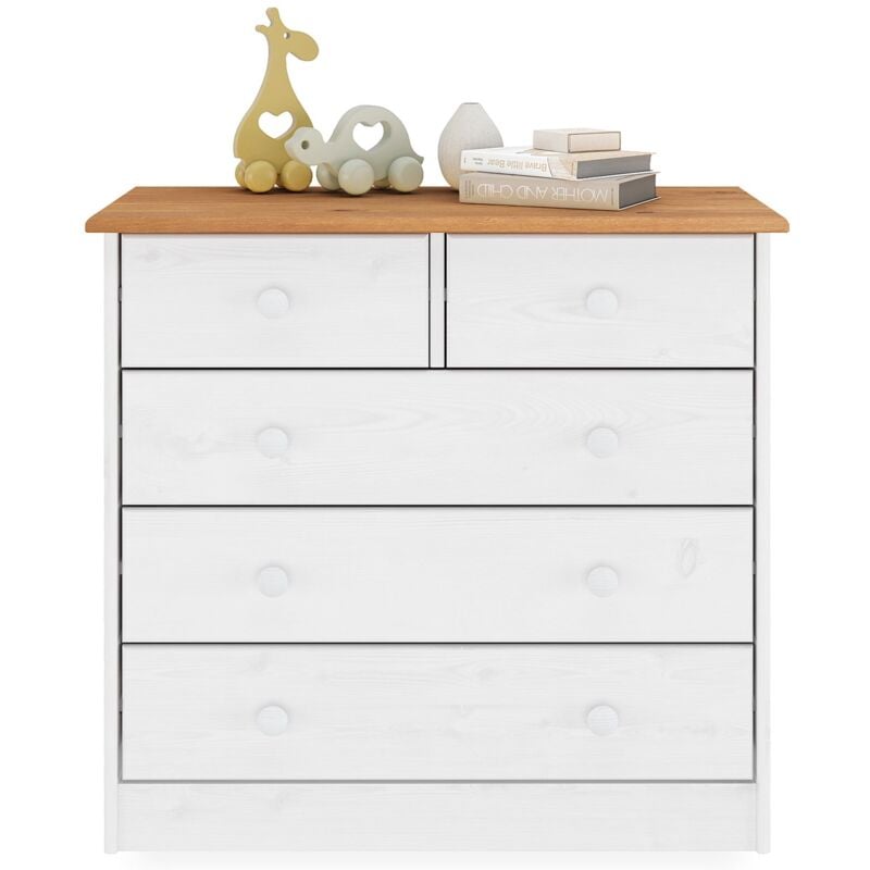 Idimex - Commode en pin rondo, 2+3 tiroirs, lasuré blanc et brun