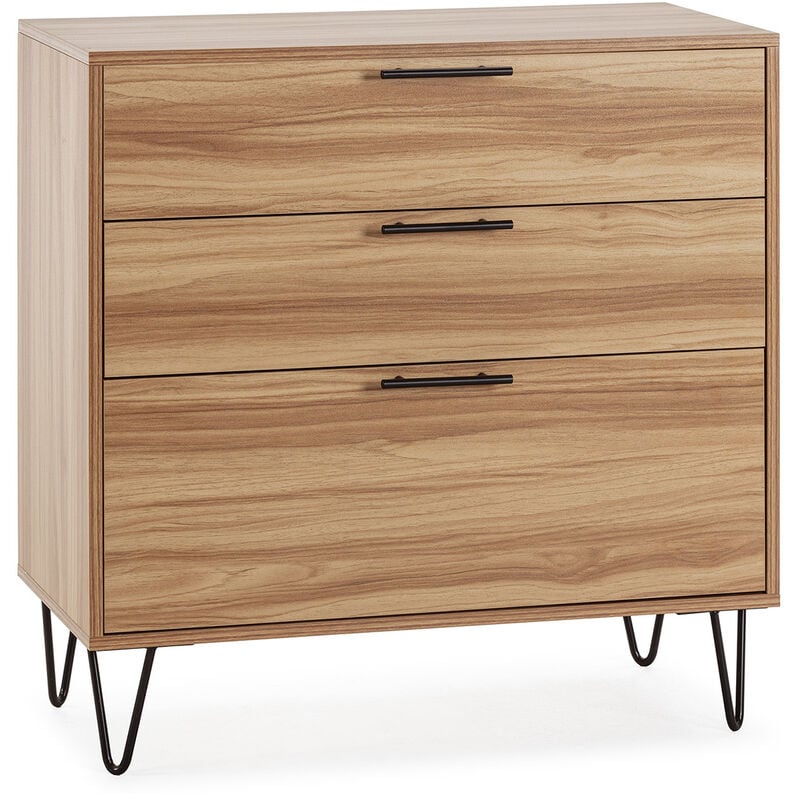 Vs Venta-stock - Commode de nuit Alma 3 tiroirs, coloris bois, pieds métal