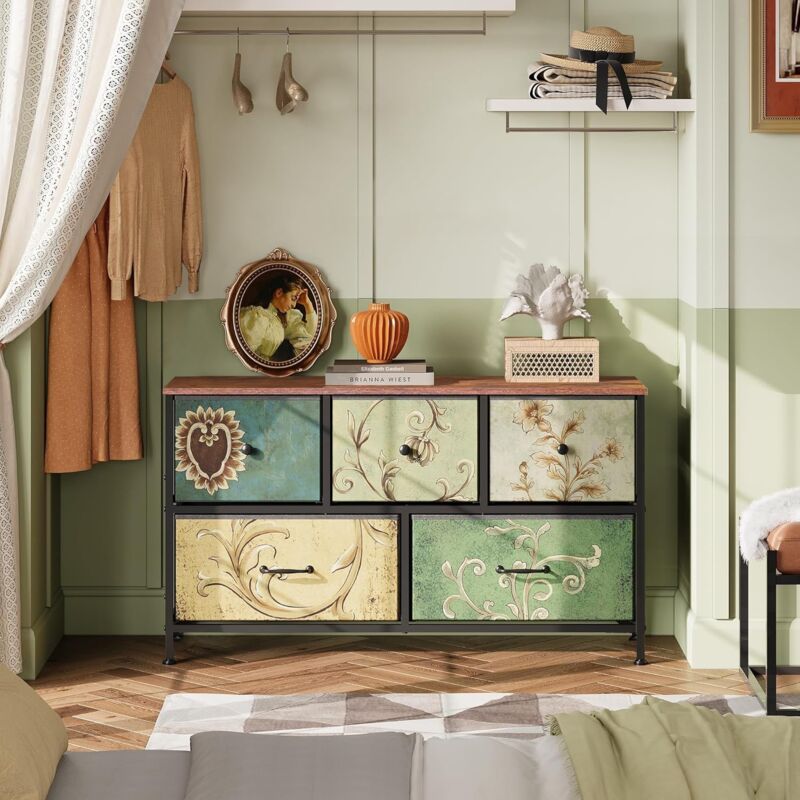 Commode de rangement 100 cm - Buffet avec 5 tiroirs de rangement et poignées noires, motif Vintage, cadre en métal noir, adaptée au salon, chambre à