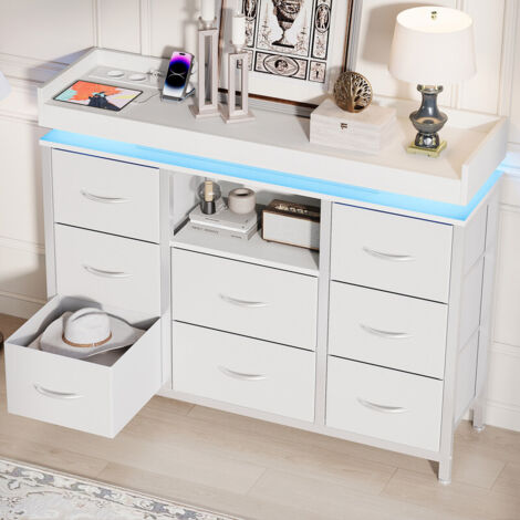 Commode de rangement 108 cm ,Buffet avec 8 tiroirs avec Station de Charge Intégrée et Lumières RGB, cadre en métal, adaptée au salon, chambre à coucher,Blanc