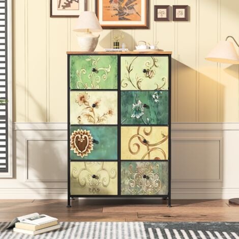 TANANT 67 cm - Buffet avec 8 tiroirs de rangement et poignées noires, motif Vintage, cadre en métal noir, adaptée au salon, chambre à coucher - Vert