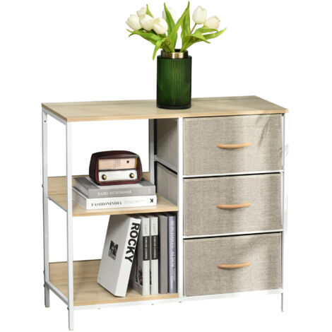 Commode de rangement avec 3 tiroirs en tissu et 2 étagères, beige, idéale pour le salon, la chambre ou l'entrée.