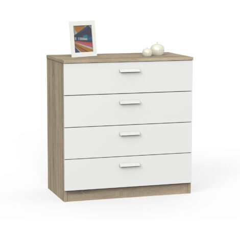 Commode de rangement de 4 Tiroirs avec Glissières Métalliques coloris Blanche et Chêne cambrien - Longueur 74 x Profondeur 40 x Hauteur 78 cm