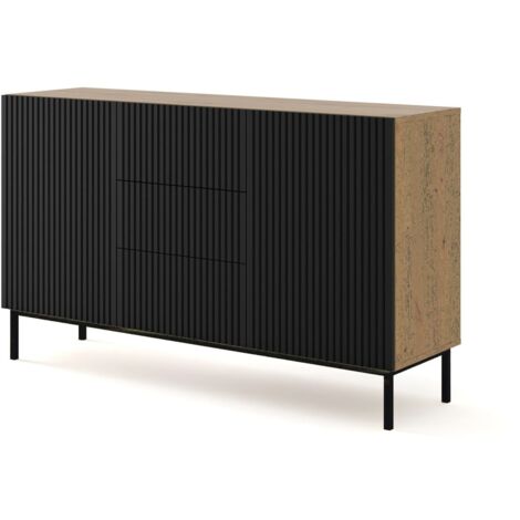 Commode de rangement Meuble Couleur Chêne Artisan Mat 150x42x89 RAVI B FILET 2D3S Pied Cadré Noir