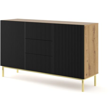 Commode de rangement Meuble Couleur Chêne Artisan Mat 150x42x89 RAVI B FILET 2D3S Pied Cadré or