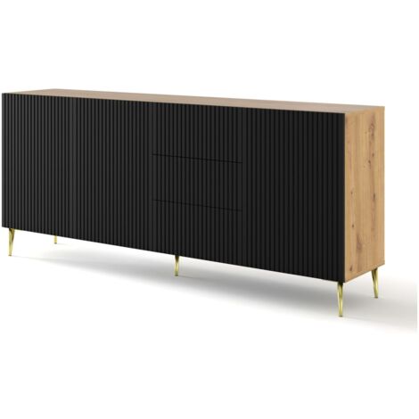 Commode de rangement Meuble Couleur Chêne Artisan Mat 200x42x87 RAVI B FILET 2D3S Pied or
