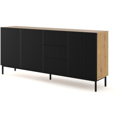 Commode de rangement Meuble Couleur Chêne Artisan Mat 200x42x89 RAVI B FILET 2D3S Pied Cadré Noir