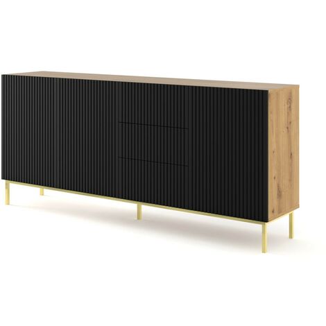 Commode de rangement Meuble Couleur Chêne Artisan Mat 200x42x89 RAVI B FILET 2D3S Pied Cadré or