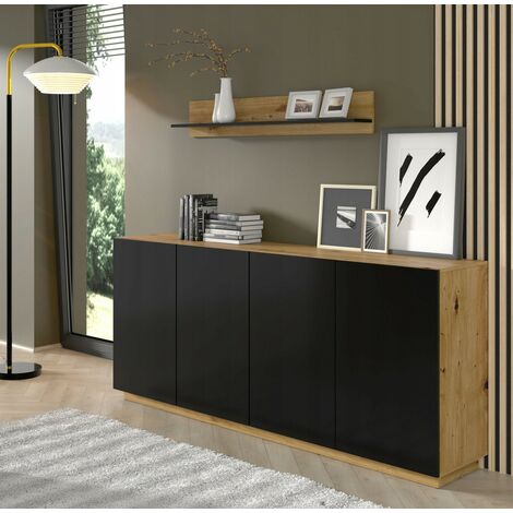 Commode de rangement Meuble Noir/Chêne artisanale 164x41x89cm AURA 4 portes