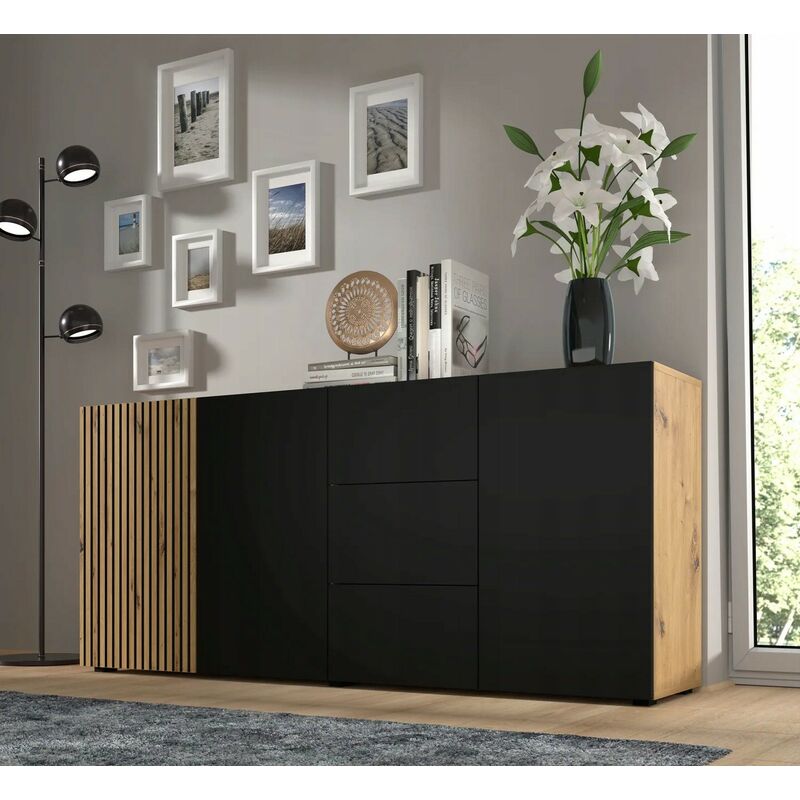 Commode de rangement Meuble Noir/Chêne artisanale 180x42x82cm auris 3D3S